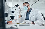 Science, blood and research with a man engineer working in a lab on DNA for innovation, cure and vaccine.  Medicine, healthcare and development with a scientist at work in a medical laboratory