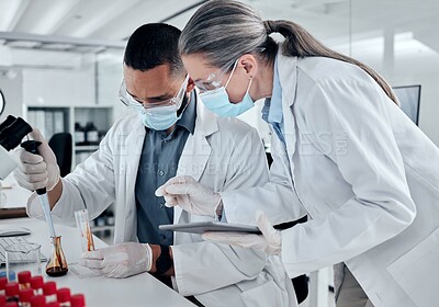 Buy stock photo Science team, blood sample and dna analysis, laboratory research and medical investigation. Scientist collaboration, dropper and test tube for chemistry, medical genetics and healthcare covid vaccine