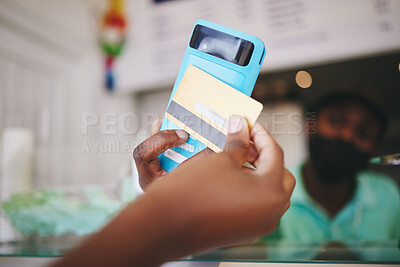 Buy stock photo Customer hand payment using credit card, machine and 5g technology. Manager or cashier transacting with internet and nfc to tap or scan for the bill at grocery store contactless checkout point

