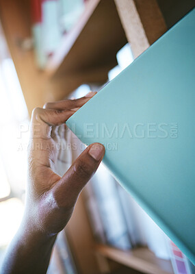 Buy stock photo Bookshelf, library and books in student hand for learning, scholarship education and knowledge. Person with print literature for research, search for inspiration and studying at university or college