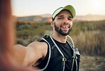 Fitness travel, hiking selfie or sports man in forest or nature for social media, internet or blog in Singapore. Health, wellness or runner happy for exercise, training or workout for marathon event