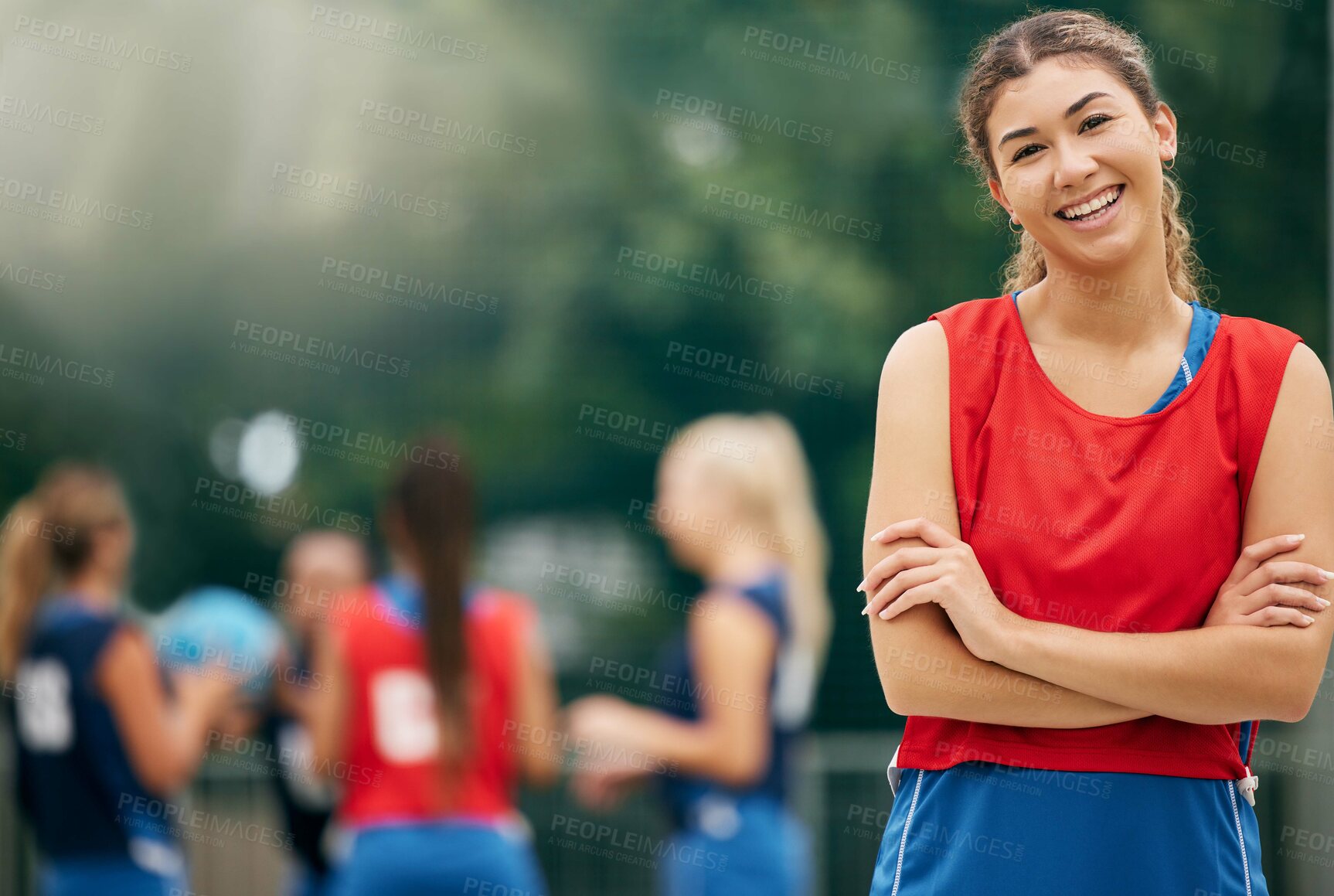 Buy stock photo Sports, netball and portrait of active woman on court ready for training, winning and playing game. Fitness, wellness and female athlete standing in outdoor park with team for exercise and workout 