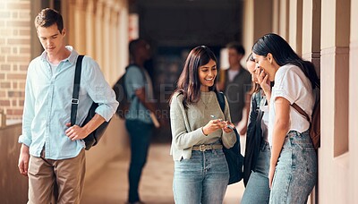 Buy stock photo University, hallway and group of students with phone laughing at social media, internet and online meme. Education, communication and friends at academy, college and campus networking on smartphone