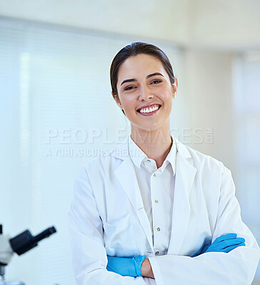 Buy stock photo Science, laboratory and portrait of woman with crossed arms for medical discovery, research and study. Healthcare, professional and scientist with equipment for sample, experiment and examine virus