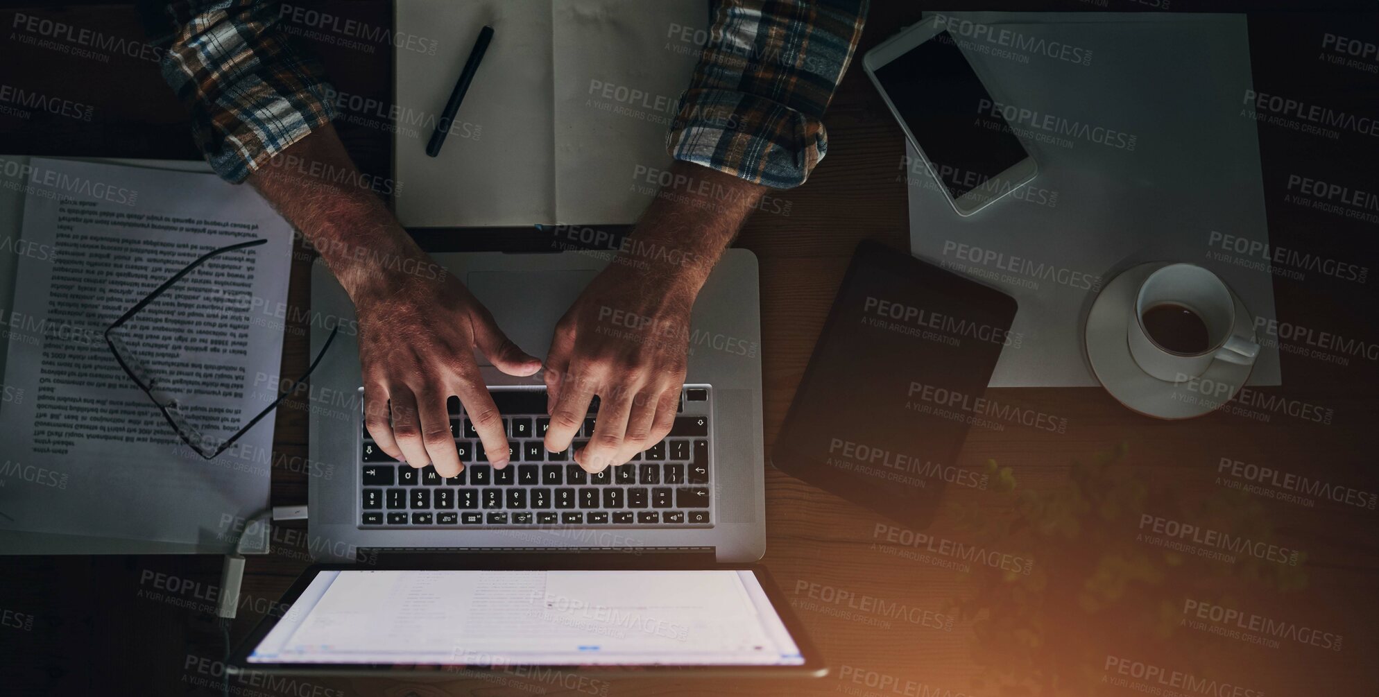 Buy stock photo Businessman, programmer and typing on laptop in office with paperwork for data analytics, coding and software script. Top view, tech expert and employee hands with programming, it developer and notes