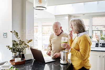Buy stock photo Home, smile and laptop with senior couple, love and retirement with connection, health and internet. Apartment, old man and elderly woman with a pc, website information and email with support and app