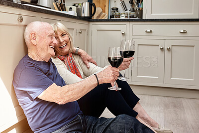 Buy stock photo Senior couple, floor and toast celebration, red wine or smile on anniversary with memory, love and bonding in home. Elderly woman, old man and glass for alcohol, relax and cheers for congratulations