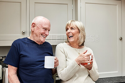 Buy stock photo Coffee, funny and elderly couple in kitchen in home together in the morning for conversation, love and healthy connection. Tea, laughing and senior man and woman enjoying drink in mug in retirement.