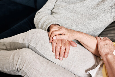 Buy stock photo Senior couple holding hands for love, support and trust for gratitude, empathy and care in retirement at home. Closeup, partner and helping hand for loyalty, kindness and relax together in marriage