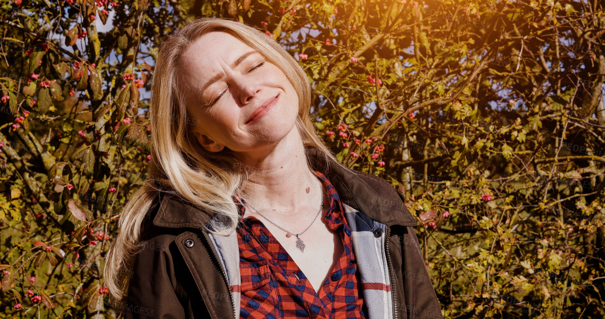 Buy stock photo Autumn, nature and face of woman with peace, freedom and happiness outdoor in garden or backyard. Fall, trees and leaves in forest or person relax in park and breathing fresh air with sunshine