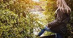 Countryside, fence and woman in nature walking for wellness, fresh air and relax outdoors. Trees, nature and person in field, meadow and farm for adventure, peace and freedom in natural environment