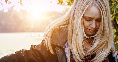 Buy stock photo Travel, relax and woman in nature with freedom, peace and calm outdoor with lens flare. Forest, lake and female person outdoor for adventure, fresh air or experience, journey or vacation in Amsterdam