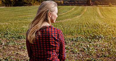 Buy stock photo Woman, back view and field for agriculture, countryside and nature for organic, crops and fresh air. Female person, farmer or agro for sustainable development, conservation or eco friendly for silage