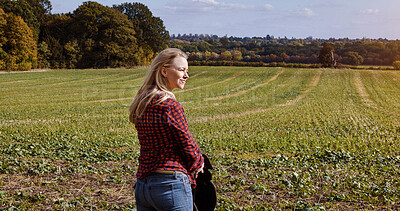 Buy stock photo Woman, thinking and agriculture on field for farming, silage or nature in countryside. Female person, looking and doubtful expression on face with idea for landscaping, greenery and grass with vision