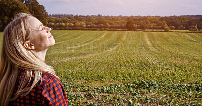 Buy stock photo Breathe, smile and woman with eyes closed in countryside, nature or holiday travel, vacation or farm. Relax, happy person at field and calm, peace and summer freedom, fresh air and health or wellness