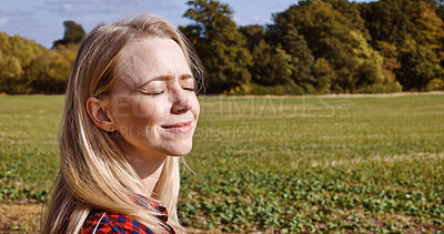 Buy stock photo Breathe, peace and woman with eyes closed at field, nature or farm, holiday travel or vacation. Relax, happy person in  countryside and calm, dream or summer freedom, fresh air and health or wellness