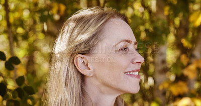Buy stock photo Nature, thinking and smile of mature woman by trees with positive, good and confident attitude. Happy, outdoor and profile of a female person from Australia in an field, park or garden for fresh air.