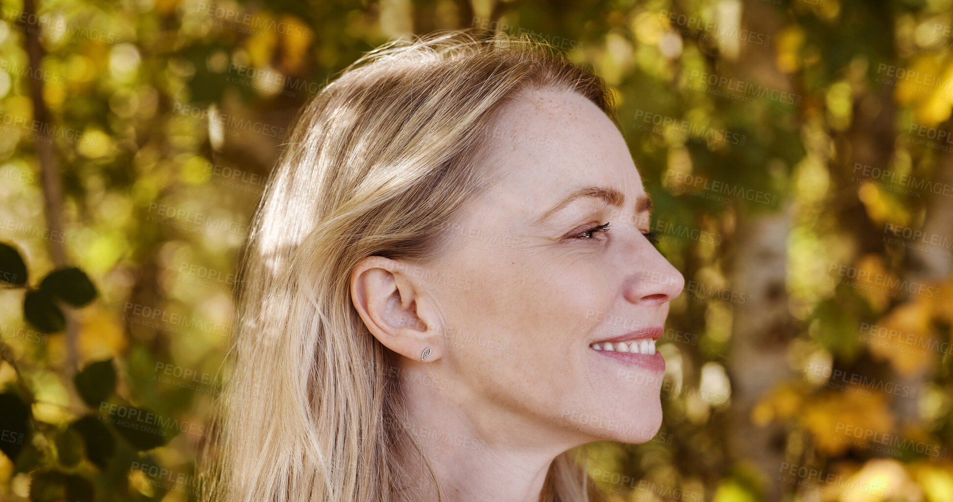 Buy stock photo Nature, thinking and smile of mature woman by trees with positive, good and confident attitude. Happy, outdoor and profile of a female person from Australia in an field, park or garden for fresh air.