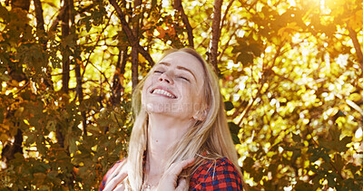 Buy stock photo Sunshine, happy and woman by trees in morning for wellness, fresh air and relax outdoors. Countryside, smile and person in forest, woods and nature for calm, peace and freedom in natural environment
