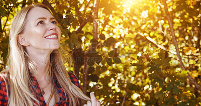 Buy stock photo Sunshine, happy and woman by trees in morning for wellness, fresh air and relax outdoors. Countryside, smile and person in forest, woods and nature for calm, joy and freedom in natural environment