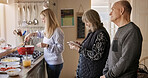 Family, cooking and stirring pot in kitchen, food and nutrition or prepare ingredients at home. People, senior parents and bonding for love, relax and gourmet skills or healthy meal, recipe and help