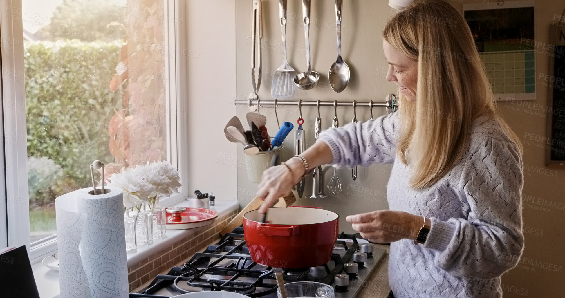 Buy stock photo Woman, cooking and stir pot in kitchen, home and smile for healthy ingredients, meal prep and nutrition. Chef person, stove and food with idea, thinking and process for diet, lunch or dinner in house