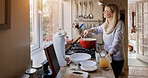 Woman, thinking and cooking in kitchen, food and nutrition or prepare ingredients at home. Happy female person, smile and strategy with gourmet skills, positive mindset and idea for healthy meal