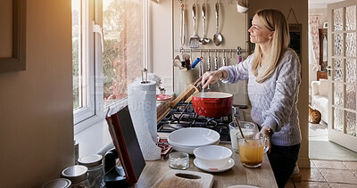 Buy stock photo Woman, thinking and cooking in kitchen, food and nutrition or prepare ingredients at home. Happy female person, smile and strategy with gourmet skills, positive mindset and idea for healthy meal