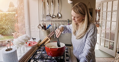Buy stock photo Woman, cooking and pot stove in kitchen for warm food, stew dinner or vegetable hunger. Female person, gas appliance and prepare nutrition eating as soup diet for fresh taste, hobby dish or healthy