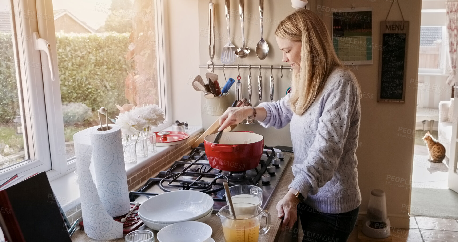 Buy stock photo Woman, cooking and food in stove pot as winter warm recipe, stew dinner in kitchen. Female person, gas appliance heat or prepare nutrition eating as soup diet or fresh taste,  vitamin dish for health