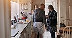 Woman, prepare and food in kitchen for family or recipe instructions, dinner diet or vegetable nutrition. Female person, stove or meal planning to parents in home potato stew, hunger eat or health