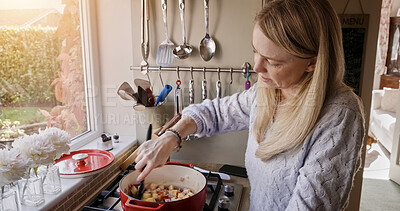 Buy stock photo Woman, pot and stew cooking in kitchen for warm food meal, vegetable soup or dinner hunger. Female person, gas appliance and prepare nutrition eating for diet recipe or fresh taste, health or dish