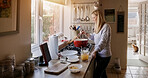Woman, diet and cooking in kitchen, food and nutrition or prepare ingredients at home. Female person, process and relax or gourmet skills, wellness and vision for healthy meal, stirring and pot
