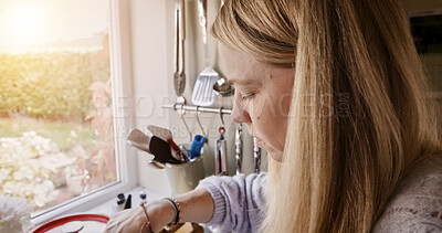 Buy stock photo Woman, cooking and food in kitchen closeup for health nutrition meal, vitamins or cookware. Female person, hand and mix on stove for preparation in home for hungry protein, recipe or healthy dinner