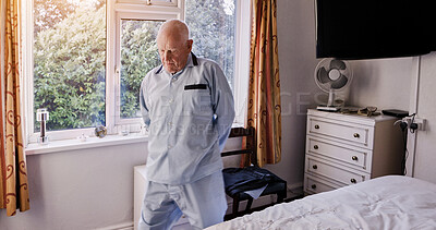 Buy stock photo Morning, retirement and senior man in bedroom for wake up, start and getting ready for the day. Thinking, house and elderly person by window with nostalgia, reflection and memory of past in home
