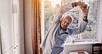 Elderly man stretching arms in home bedroom, relax and body health in the morning. Senior person exercise, flexible warm up and wellness, fitness or training workout in retirement, apartment or house