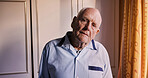 Morning, portrait and senior man in bedroom for wake up, start and getting ready for the day. Retirement home, house and face of elderly person by window for thinking, reflection and memory in room