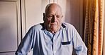 Senior man, thinking or sad in bedroom with anxiety, grief or frustrated alone in retirement in house. Elderly person, pain or mental health as pensioner with illness, loss or dementia in family home
