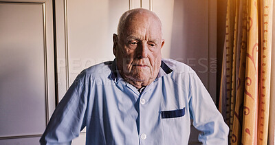 Buy stock photo Senior man, thinking or sad in bedroom with anxiety, grief or frustrated alone in retirement in house. Elderly person, pain or mental health as pensioner with illness, loss or dementia in family home