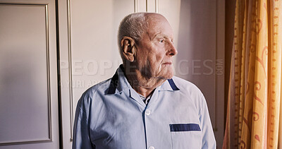 Buy stock photo Morning, thinking and senior man in home for wake up, start and getting ready for the day. Retirement, house and elderly person by window with nostalgia, reflection and memory to relax in bedroom