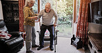 Senior, couple and support with walking stick for care, help or assistance on sofa in living room of home. Elderly, woman or man with disability or cane in lounge of retirement with love and recovery
