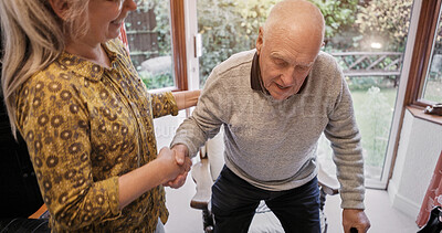 Buy stock photo Senior, couple or help with walking for care, support or assistance on sofa in living room of home. Elderly, woman or man with disability or cane in lounge of retirement with love, trust and recovery