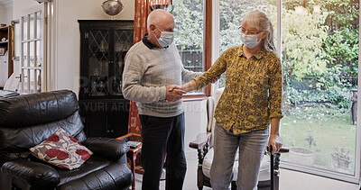 Buy stock photo Elderly, couple and help or walking stick with mask, support or assistance on sofa in living room of home. Senior, man and woman with disability or cane in lounge of retirement with love and recovery
