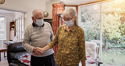 Buy stock photo Elderly, couple and help or walking with mask, support or assistance in living room of home. Senior, man and woman with disability or mobility in lounge of retirement with love, trust and recovery