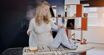 Buy stock photo Woman, iron and steam for garment in home for cleaning, domestic work or chore with ironing on board. Female person, wife or housekeeping with electricity for laundry, shirt or pyjamas in living room
