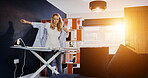 Iron, shirt and woman in morning with laundry, cleaning and steam clothes on board. Ironing, table or person in apartment, home or living room with housekeeping, routine or dressing in work clothing