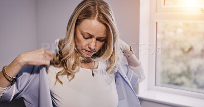 Buy stock photo Woman, clothes and getting ready for work in home with shirt, jacket or garment. Female entrepreneur, creative and startup in modern, trendy and fashion for professional, career and elegant style