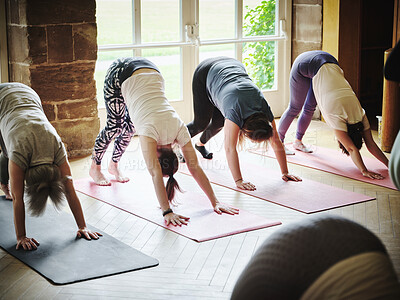 Buy stock photo Yoga, downward dog and group stretching in class at the gym, pilates exercise and fitness. People, instructor and down facing pose for healthy body, wellness and lesson in club with coach on floor
