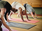 Yoga, downward dog and people stretching in class at the gym, pilates exercise and fitness. Group, instructor and down facing pose for healthy body, wellness and lesson in club with coach on floor