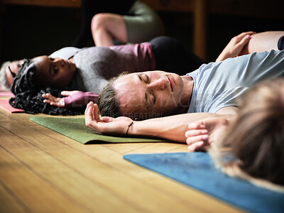Buy stock photo Yoga, floor and meditation to relax, people and fitness or calm, spiritual awareness and lying twist. Class, rest and zen or holistic, peace and breathing for health, healing and self care or chakra
